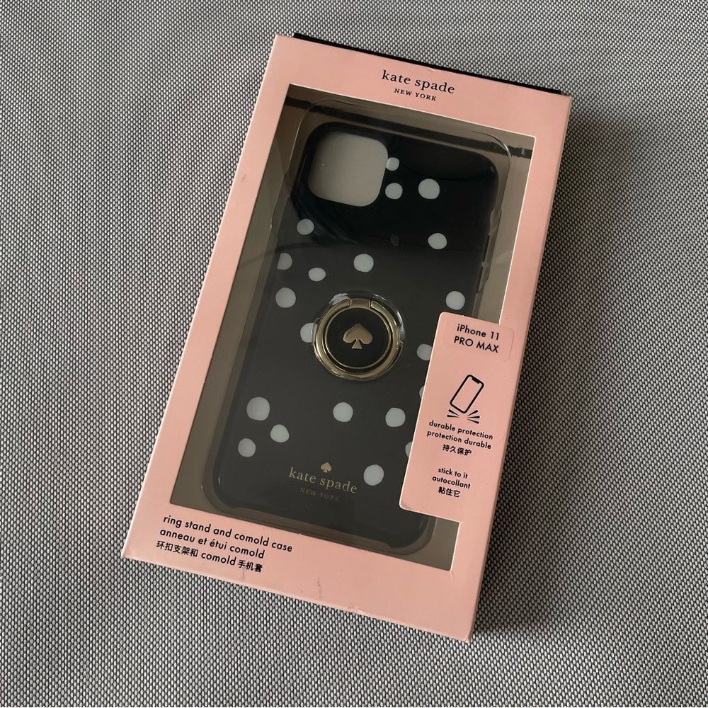 Kate Spade iPhone 11 Pro Max Ring Stand And Camold Case Polka Dot Black Gold NEW